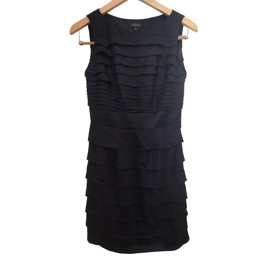 Tahari Arthur S Levine Tiered Ruffle Dress Navy Silk Blend Wedding Guest Size 2
